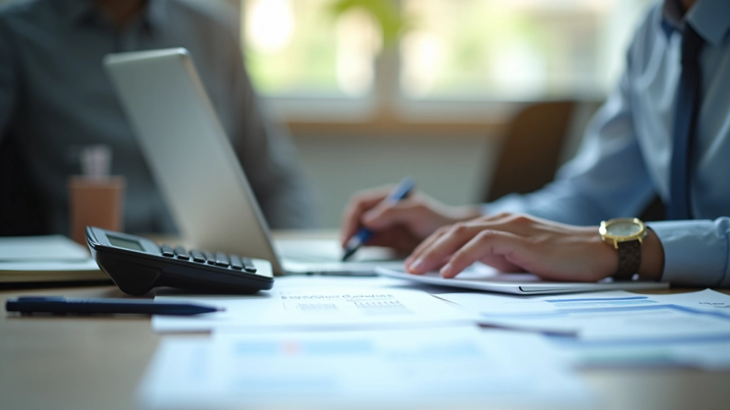 Professional accountant reviewing financial documents at wooden desk with calculator and pen
