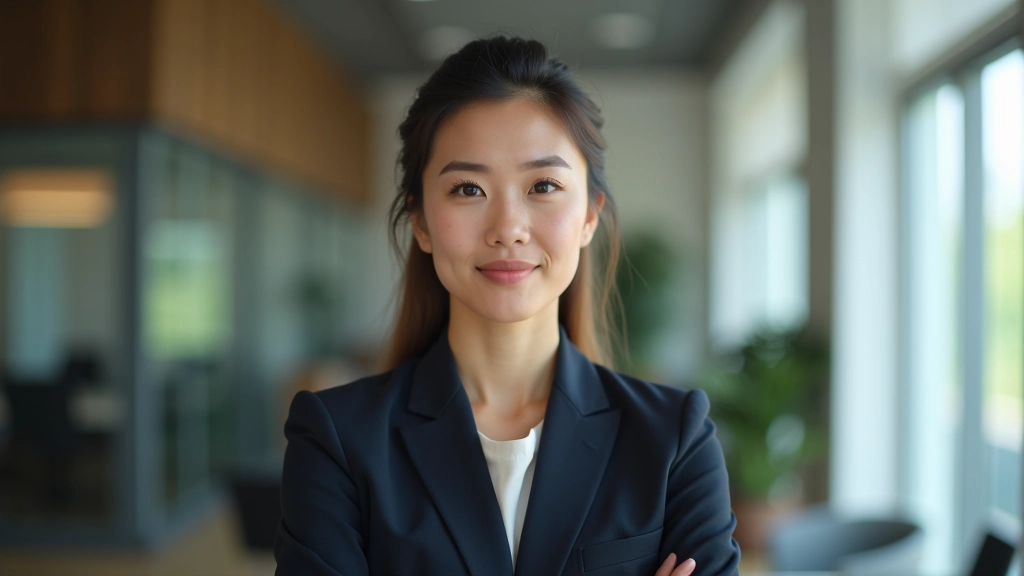Female accounting manager in professional dress, portrait from chest up, determined expression, modern office
