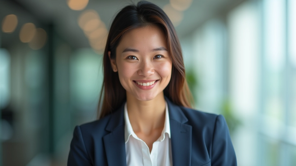 Female finance expert in professional clothing, portrait from chest up, warm expression, office setting
