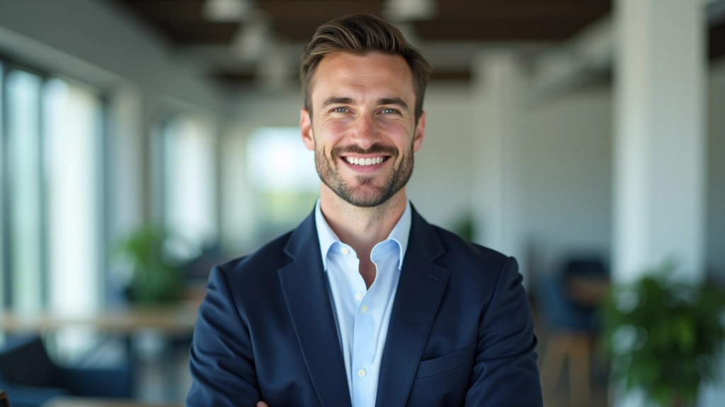 Male accounting professional in business attire, portrait from chest up, confident expression, office background