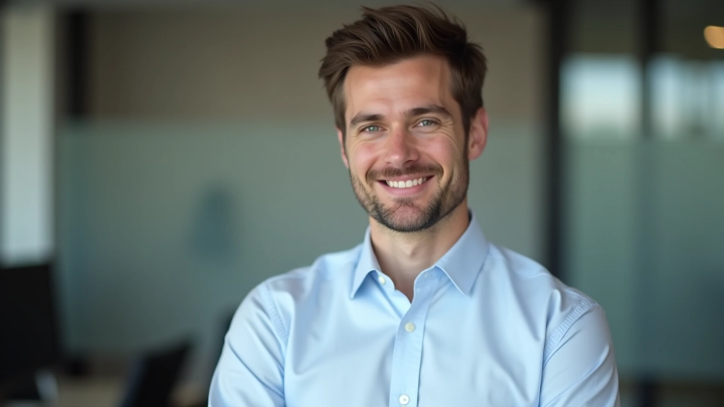 Asian male professional, portrait from chest up, friendly demeanor, corporate environment