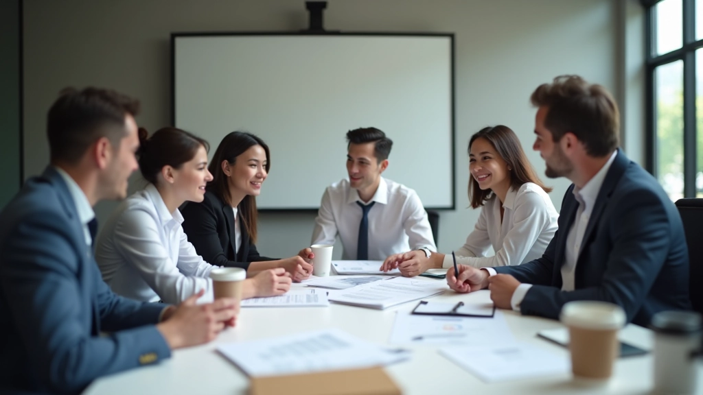 Team of accountants collaborating around conference table with financial reports and documents